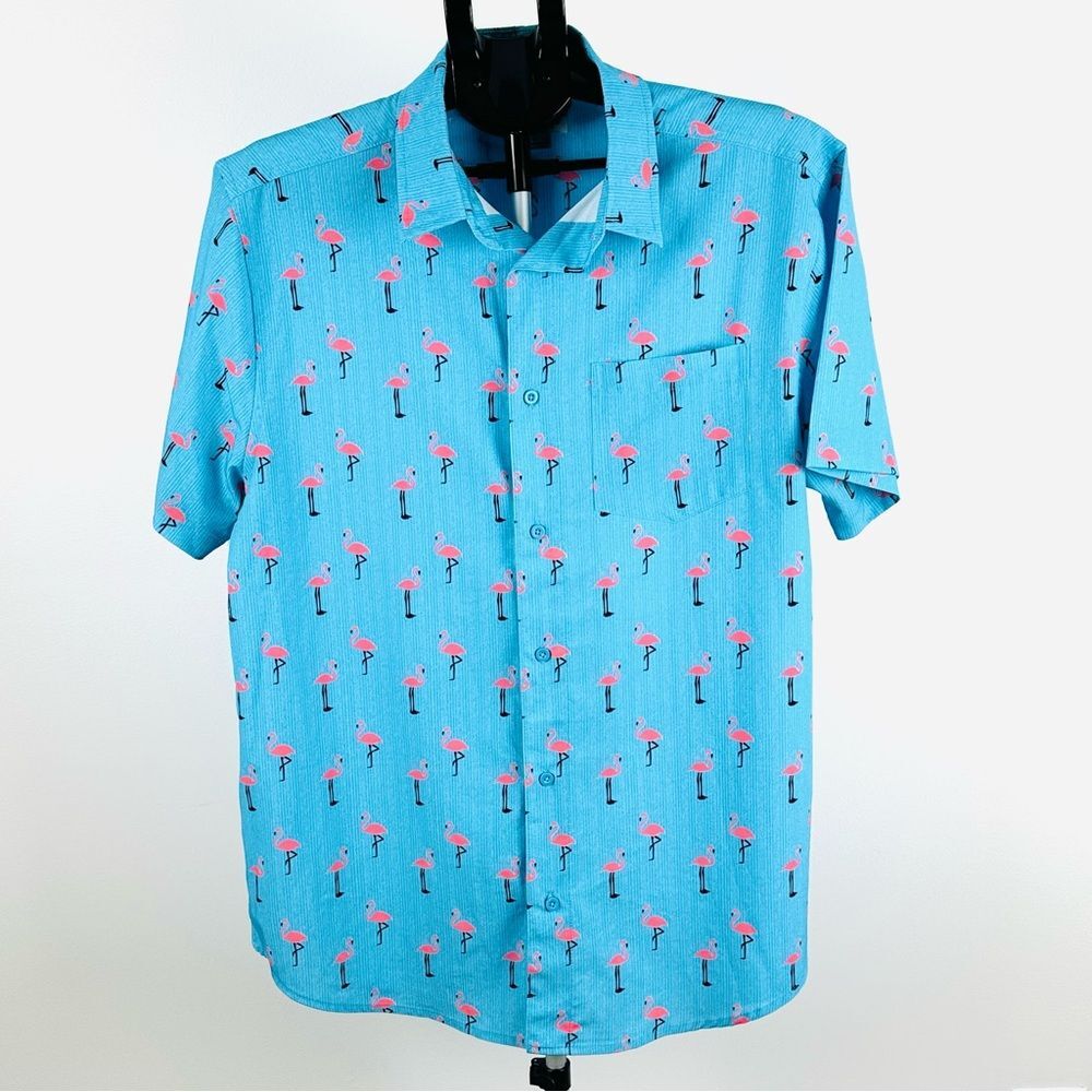 Mr. Swim Men’s L Flamingo Print Button Down Shirt Blue Pink Short Sleeve Stretch